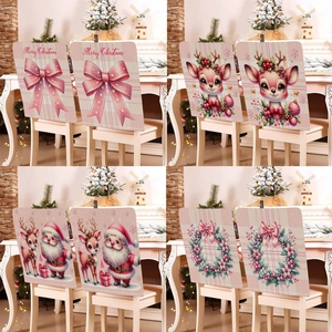 Pink Christmas Chair Covers Cotton Linen Santa Claus Reindeer Print Gingham Bow Chair Back Protector For Dining Room Party