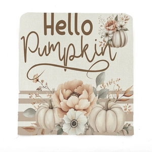 Linen chair cover with Hello Pumpkin text, white pumpkins and autumn floral design