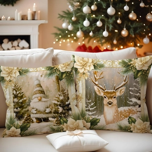 Set of 2 Christmas pillow covers with gnome and reindeer design on a festive background