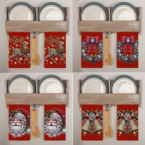 Christmas red terry cloth kitchen towels with festive diamond-like reindeer and Santa patterns