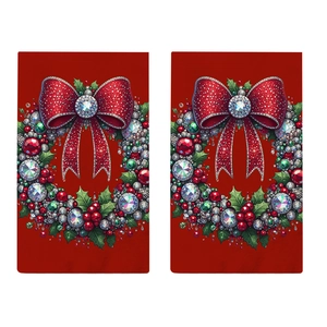 Red Christmas decorative greeting cards with jeweled holly wreath and glittery bows