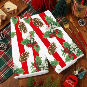 Christmas tree kitchen towels with red stripes and pine cone prints for holiday decor