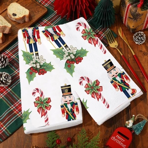 Christmas nutcracker and candy cane printed white kitchen towel set with holiday decor