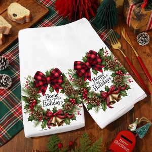 Set of two Christmas kitchen towels with festive wreath and red plaid bow decoration