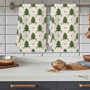 Christmas tree kitchen hand towels set of two with festive red and green embroidery