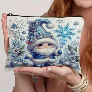 Detailed close-up of Christmas elf illustration on ice blue linen zippered makeup pouch
