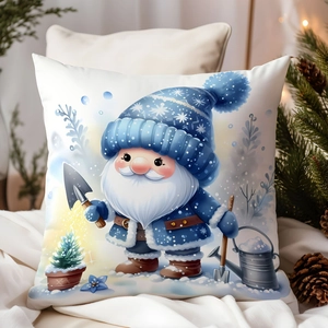 Close-up of a festive Christmas gnome pillowcase featuring a blue-themed holiday scene