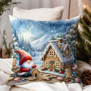 Close-up of a festive Christmas gnome and gingerbread house print on a soft pillow cover