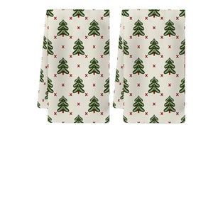 Set of two Christmas tree pattern kitchen towels made of cream cotton linen fabric