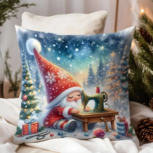 Close-up of Christmas gnome sewing on a square throw pillow cover with festive holiday decor