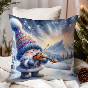 Detail of Christmas gnome pillow cover with elf playing violin against snow mountain