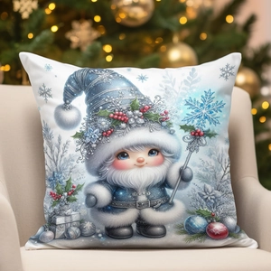 Detailed close-up of a blue Christmas elf print on a festive square decorative pillowcase