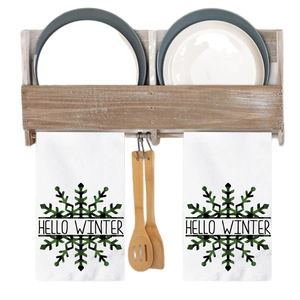 Winter snowman and snowflake kitchen towel set with rustic wooden wall hanger for decor
