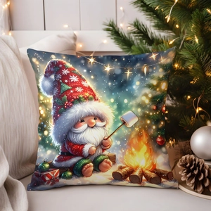 Detail of a Christmas gnome pillow cover showing a festive elf roasting marshmallows