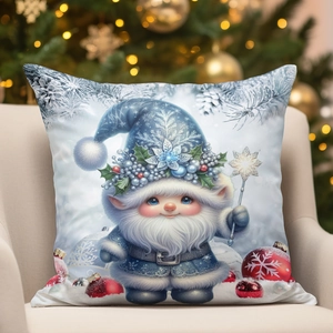 Winter blue gnome Christmas pillow cover on chair with festive bokeh background