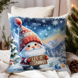 Cozy Christmas gnome pillow cover with Let It Snow sign on white festive bedding