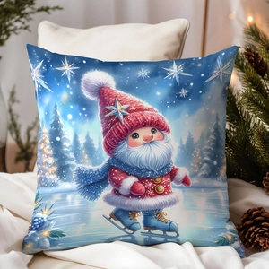 Close-up of Christmas gnome skating on a cushion cover with winter forest background