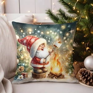 Detailed close-up of a festive Christmas cushion cover with cute elf by the campfire scene