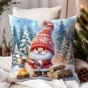 Square Christmas pillow case featuring a festive gnome by a campfire on white bedding