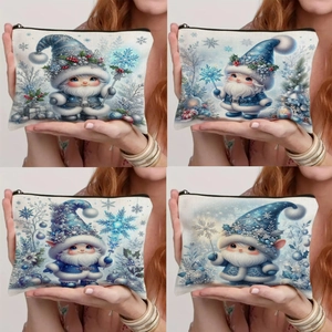 Christmas Gnome Linen Makeup Bag Portable Zipper Cosmetic Organizer Blue Snowflakes Pattern Stationery Pencil Case For Women