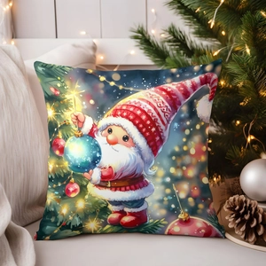 Christmas gnome throw pillow cover with festive holiday tree illustration on a sofa