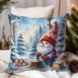 Close-up of a Christmas gnome pillowcase with high-quality Nordic illustration on soft fabric