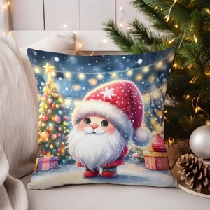 Detailed close-up of Christmas pillow cover with cute Santa Claus print and holiday decor
