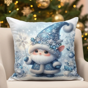Winter blue Christmas elf pillow case on beige sofa with festive holiday lighting