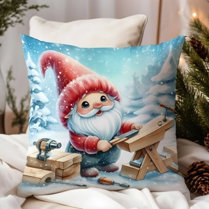 Detailed close-up of Christmas gnome pillowcase on white soft bedding with pine cone lights