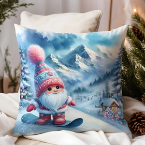 Detailed view of winter gnome snowboarding on a festive holiday decorative pillowcase