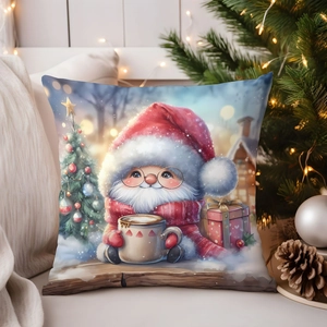 Christmas pillow cover with cute Santa Claus illustration on a cozy holiday background