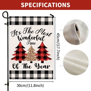 Detail of Christmas garden flag texture with buffalo plaid tree and metal stand
