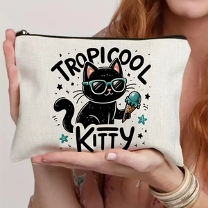 Handheld canvas cosmetic bag with zipper and cartoon black cat Tropicool Kitty print