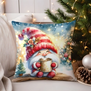 Close-up of a festive Christmas gnome throw pillow cover with a cozy mug and snowy background