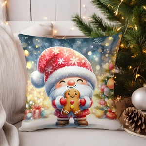 Detail of a Christmas throw pillow case featuring cute elf gnome and gingerbread man pattern