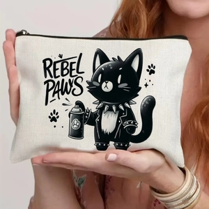 Cream canvas pouch featuring a rebel black cat illustration with a black zipper closure