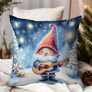 Christmas gnome pillow cover featuring a cute elf playing ukulele in a snowy winter scene