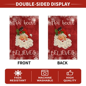 Close-up of double-sided Christmas garden flag with Santa Claus and fade resistant fabric
