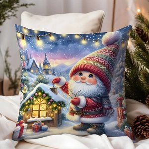 Christmas Gnome decorative pillow cover with winter cabin illustration on white bedding