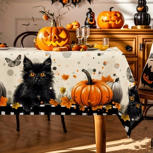 Halloween tablecloth featuring festive black cats, pumpkins, and autumn maple leaves pattern