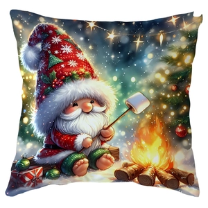 Christmas pillow case featuring a cute elf roasting marshmallows by a snowy campfire