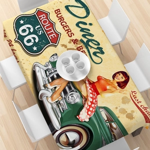 Vue détaillée de dessus d'une nappe vintage Route 66 Diner au style rétro américain chic