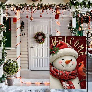 Outdoor Christmas garden flag featuring a cute snowman, red cardinal, and Welcome text