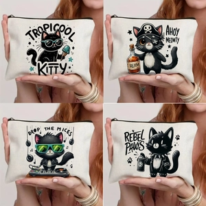 Funny Cartoon Black Cat Canvas Zipper Storage Bag Multi-functional Makeup Pouch Stationery Pencil Case Travel Toiletry Organizer For Women Unisex Gift