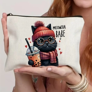 Canvas makeup bag featuring a cute black cat wearing glasses and a red hat