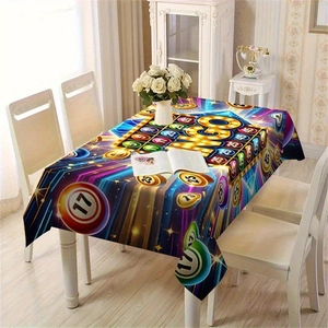 Détail de nappe rectangulaire Bingo colorée avec motifs néon numériques et police artistique