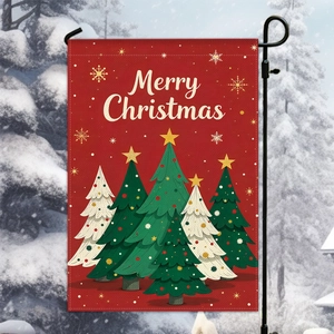 Outdoor Christmas garden flag with Merry Christmas text and festive pine tree patterns