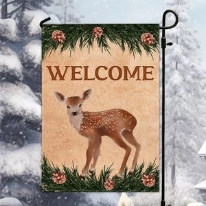 Winter garden flag featuring a cute deer and pine cones with a welcome greeting message