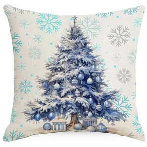 Détail du motif de sapin de Noël aquarelle bleu sur la taie d'oreiller en lin