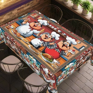 Détail de la nappe à motif de chef cuisinier avec illustrations de nourriture et bords tombants